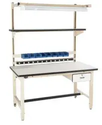 White cleanroom workbench with an overhead light, shelves, and storage bins.
