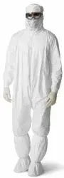 Person wearing a full white cleanroom bunny suit with goggles and a face mask.